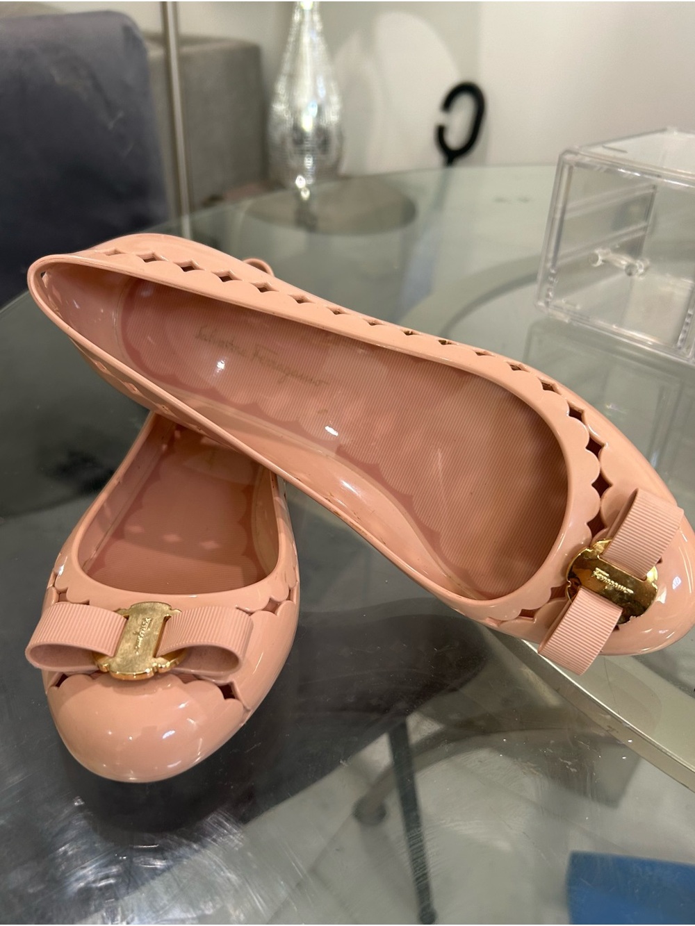Salvatore Ferragamo Blush Pink Vara Bow Jelly Flats